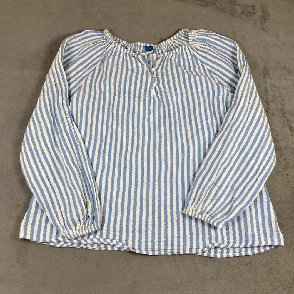 Old Navy Blue White Striped Cotton Gauze Henley Blouse Small Long Sleeve Top